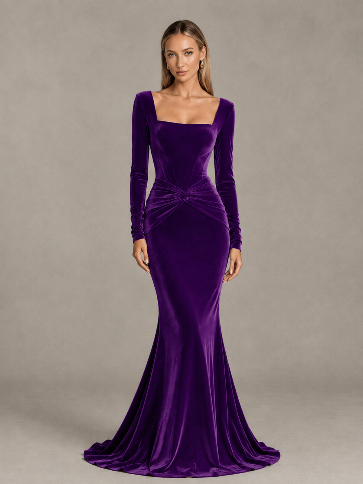 BOLODOO Purple Velvet-Look Square Neck Long Sleeve Mermaid Evening Dress - Purple - Purple_1