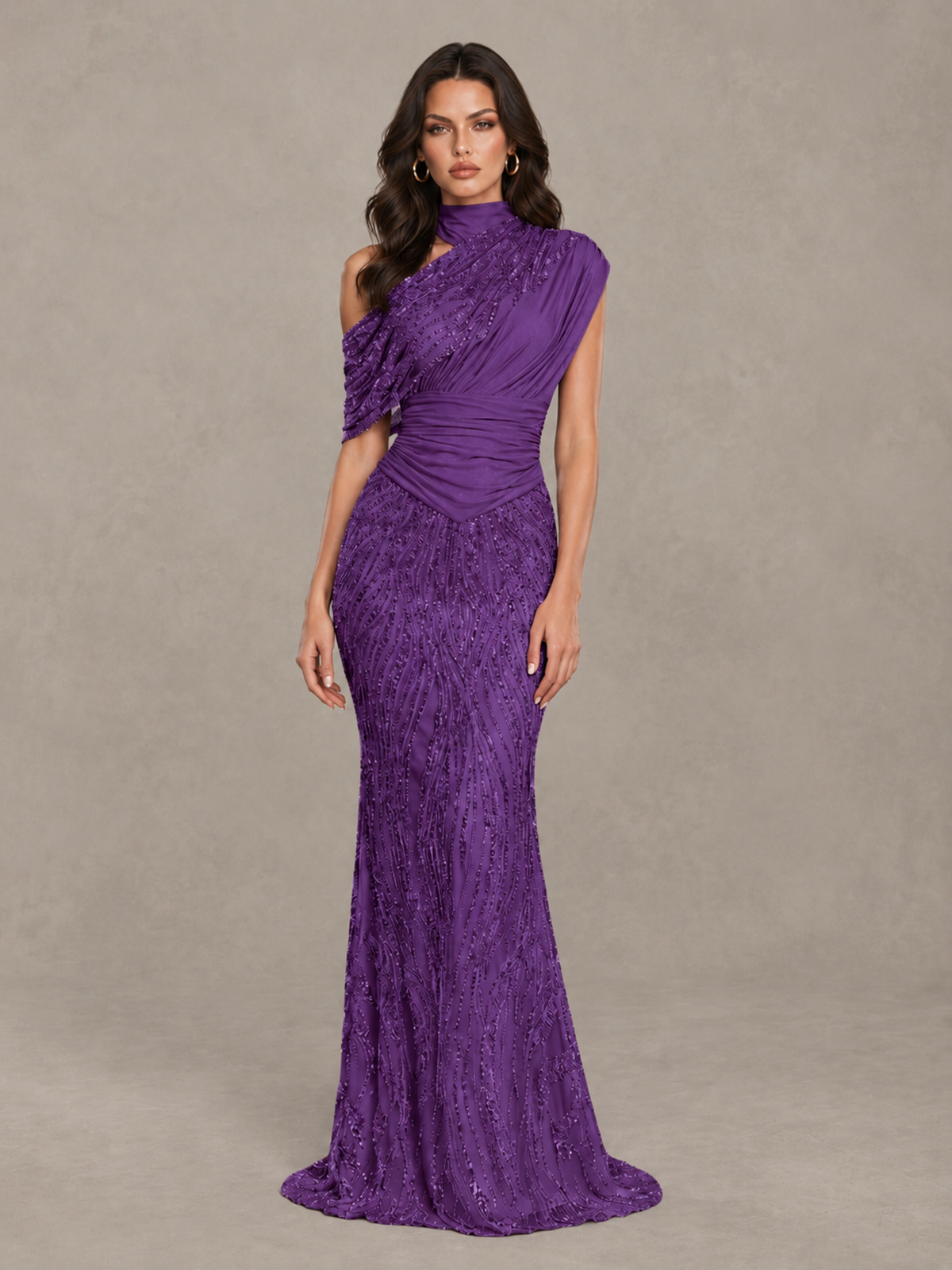 BOLODOO Purple High Neck Draped Sequin Mermaid Evening Gown - Purple - Purple_1
