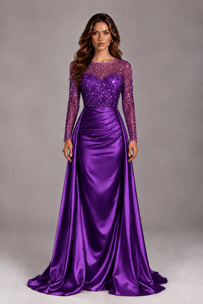 BOLODOO Purple Long Sleeve Embellished Satin Evening Gown with Sweep Train - Purple - Purple_1