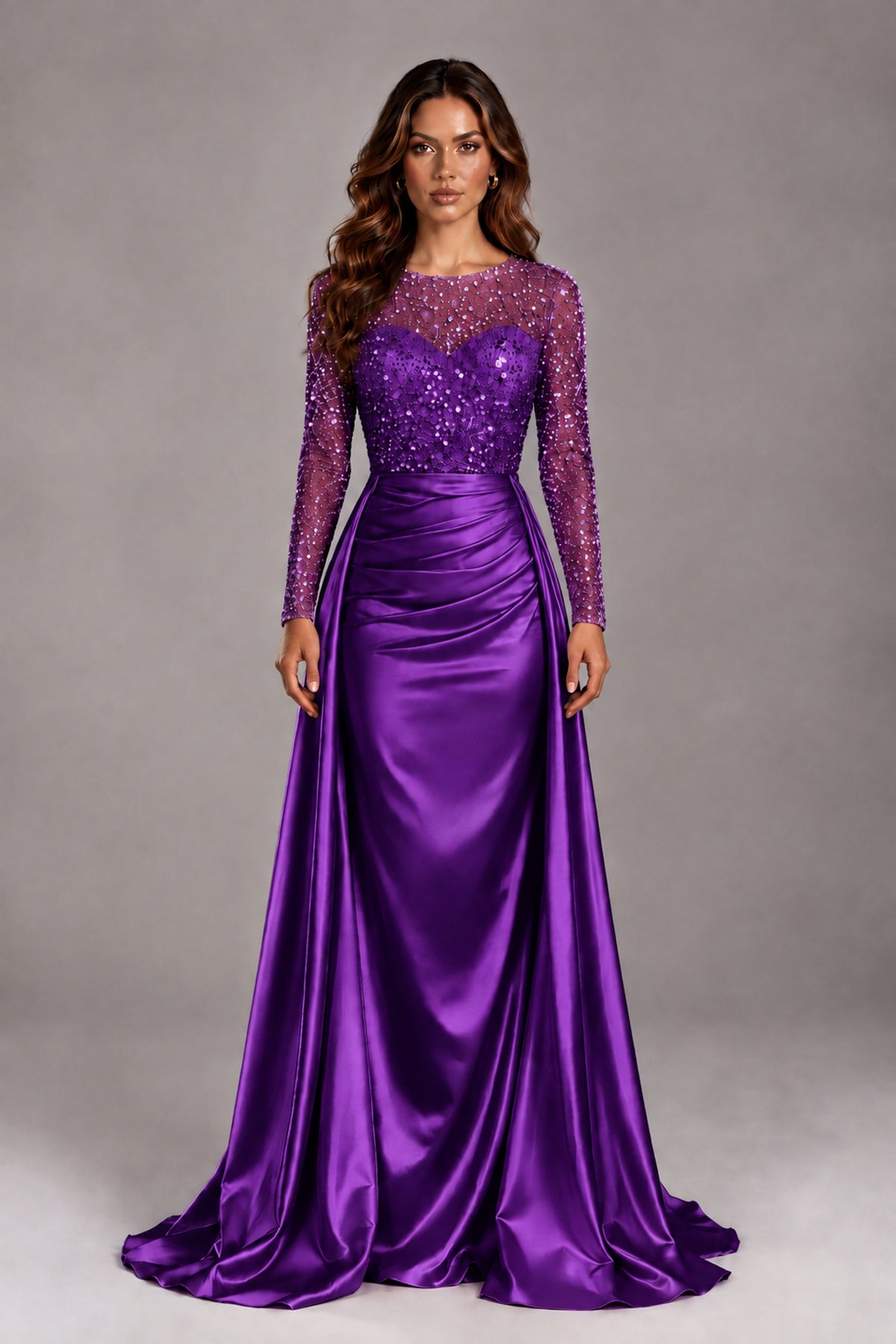 BOLODOO Purple Long Sleeve Embellished Satin Evening Gown with Sweep Train - Purple - Purple_1