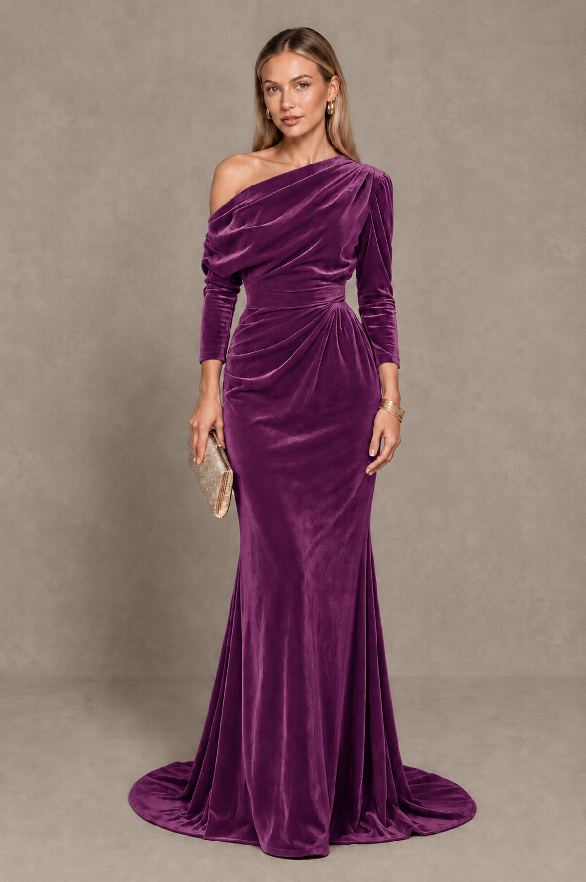 BOLODOO Purple Velvet Asymmetric Neck Mermaid Evening Dress - Purple - Purple_1