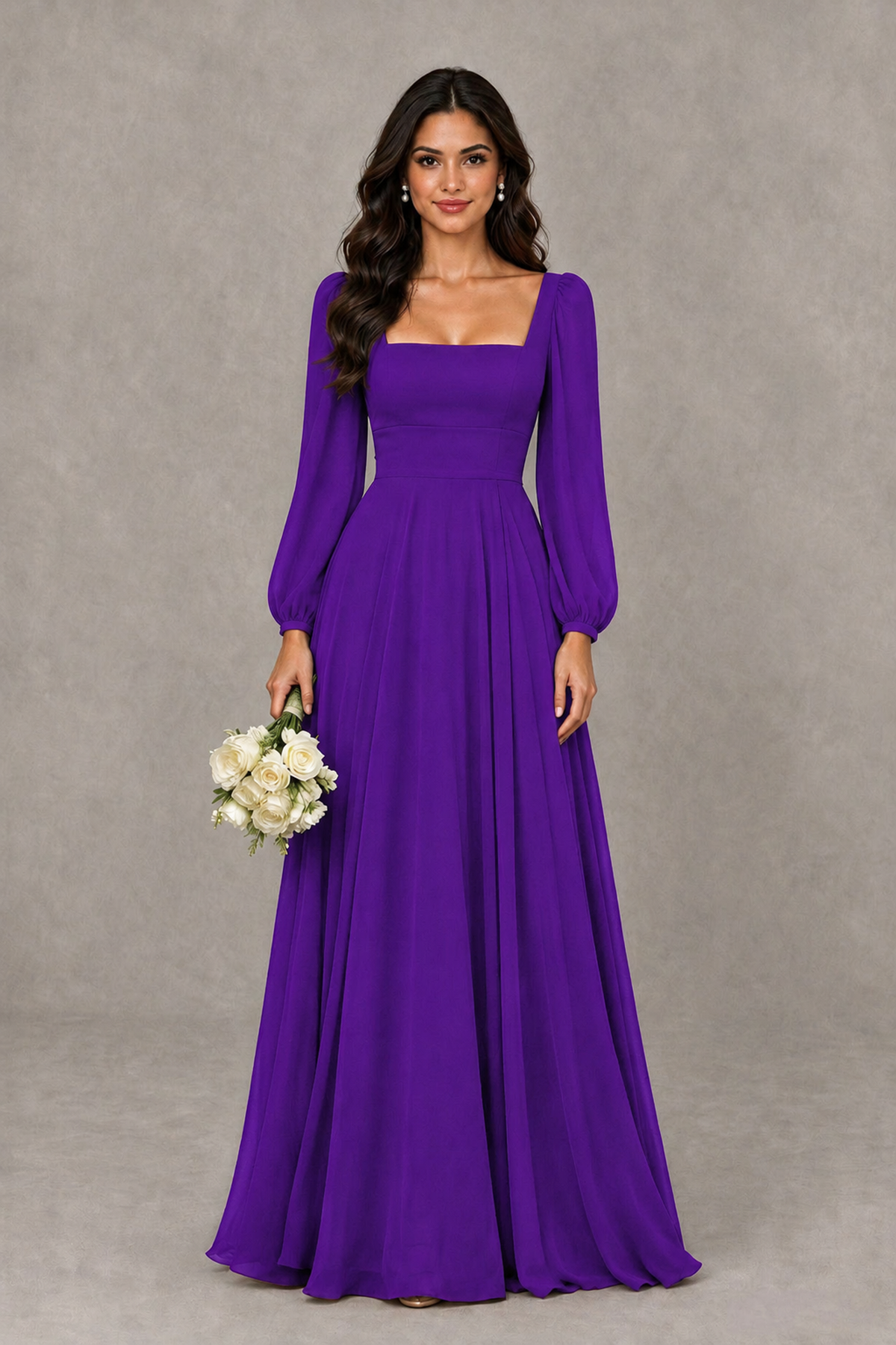 BOLODOO Purple Square Neck Long Sleeve A-Line Bridesmaid Dress - Purple - Purple_1