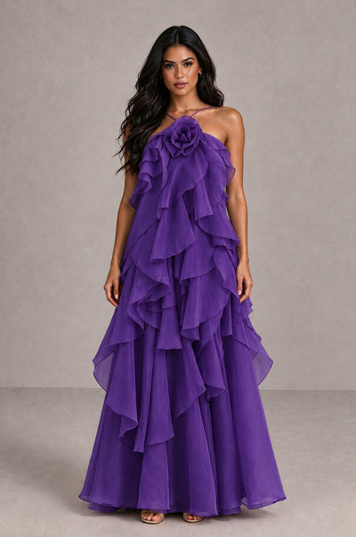 BOLODOO Purple Cascading Ruffle Rosette Open-Back Maxi Dress - Purple - Purple_1