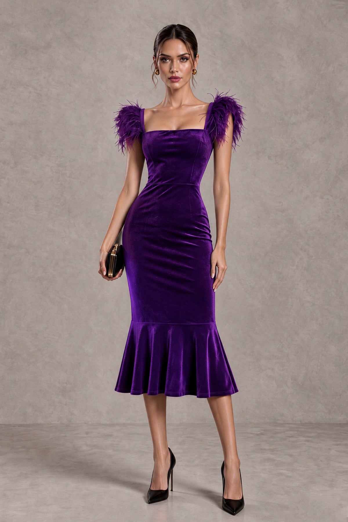 BOLODOO Purple Feather-Trim Velvet-Look Mermaid Midi Dress - Purple - Purple_1