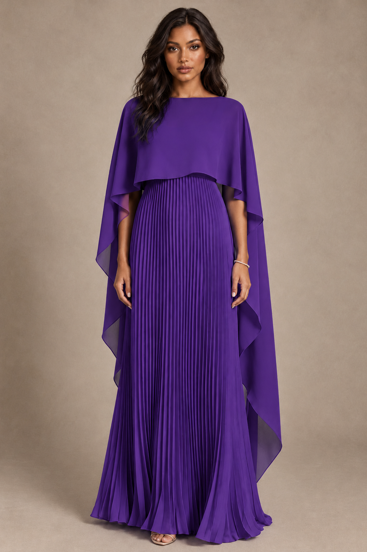 BOLODOO Purple Pleated Cape A-Line Evening Dress - Purple - Purple_1