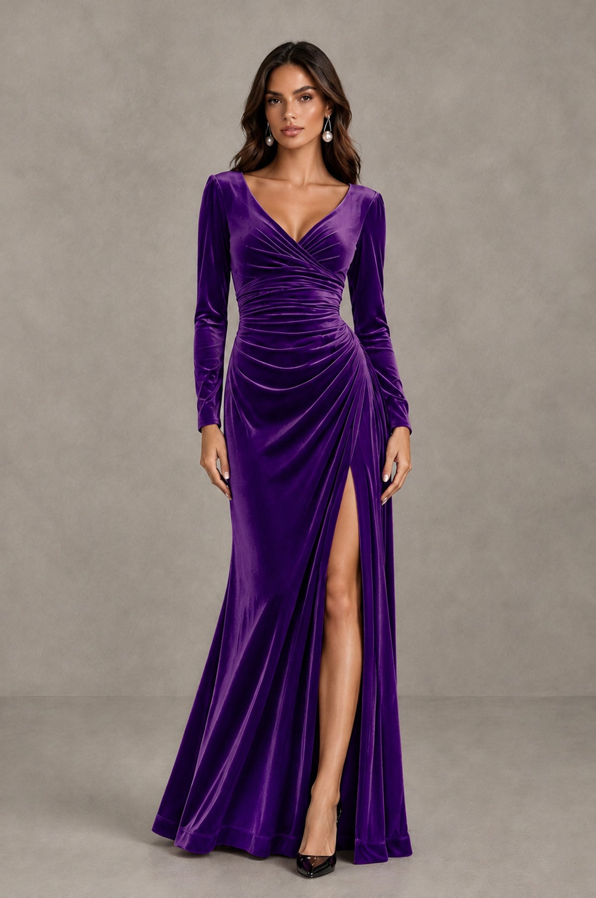 BOLODOO Purple Long Sleeve V-Neck Ruched Velvet Formal Dress - Purple - Purple_1