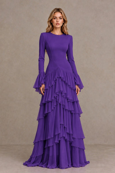 Purple Long Sleeve Tiered Ruffle Evening Gown - Purple - Purple_1