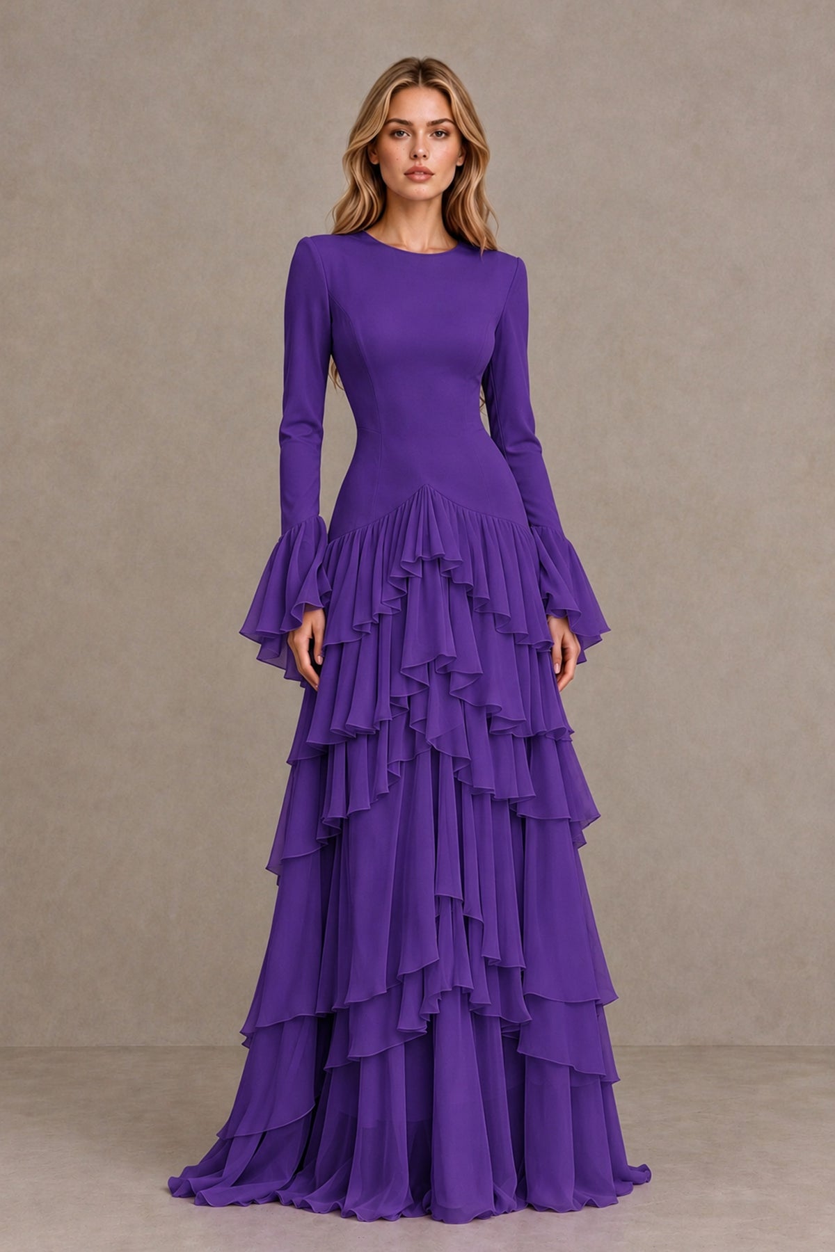 Purple Long Sleeve Tiered Ruffle Evening Gown - Purple - Purple_1