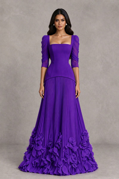 BOLODOO Purple Square Neck Pleated Floral Applique Evening Dress - Purple - Purple_1