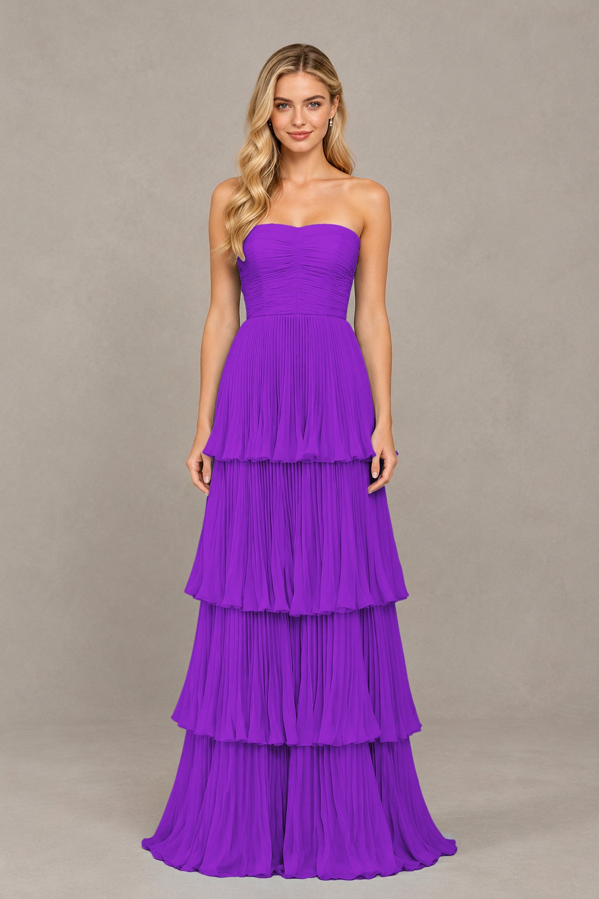 BOLODOO Purple Strapless Tiered Chiffon Maxi Dress - Purple