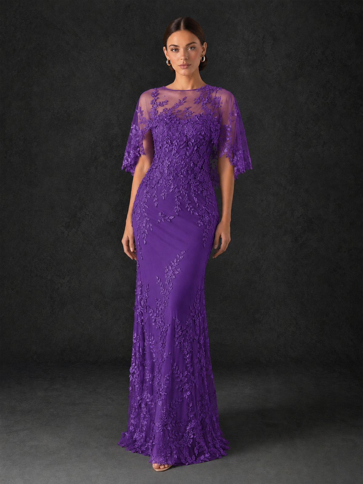 BOLODOO Mocha Purple Botanical Lace Flutter Sleeve Mermaid Gown - Purple