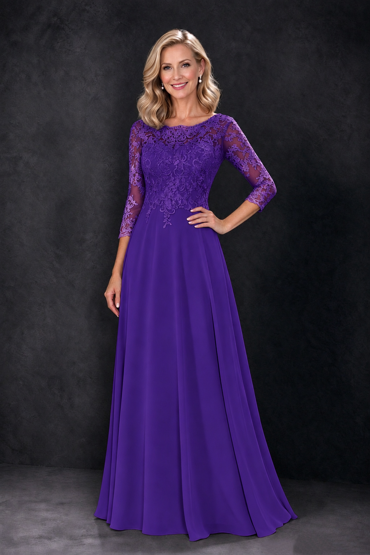 BOLODOO Purple Lace Embroidered Mother of the Bride Dress with 3/4 Sleeves - Purple - Purple_1
