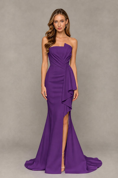 BOLODOO Purple Strapless Mermaid Evening Dress with Ruffle Slit and Train - Purple - Purple_1