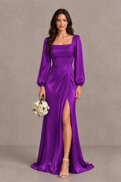 BOLODOO Purple Satin-Look Long Sleeve Evening Dress with High Slit - Purple - Purple_1