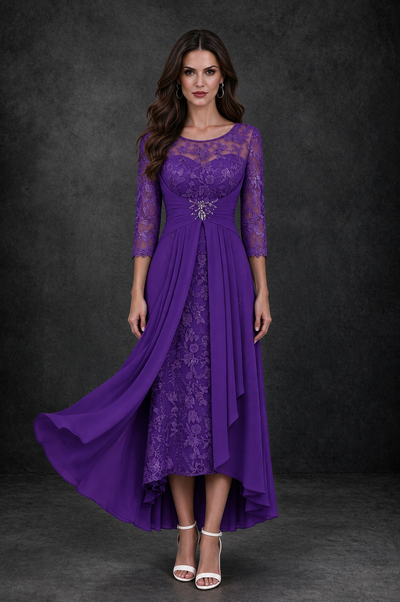 BOLODOO Purple Sequin Lace & Chiffon Tea-Length Mother of the Bride Dress with 3/4 Sleeves - Purple - Purple_1