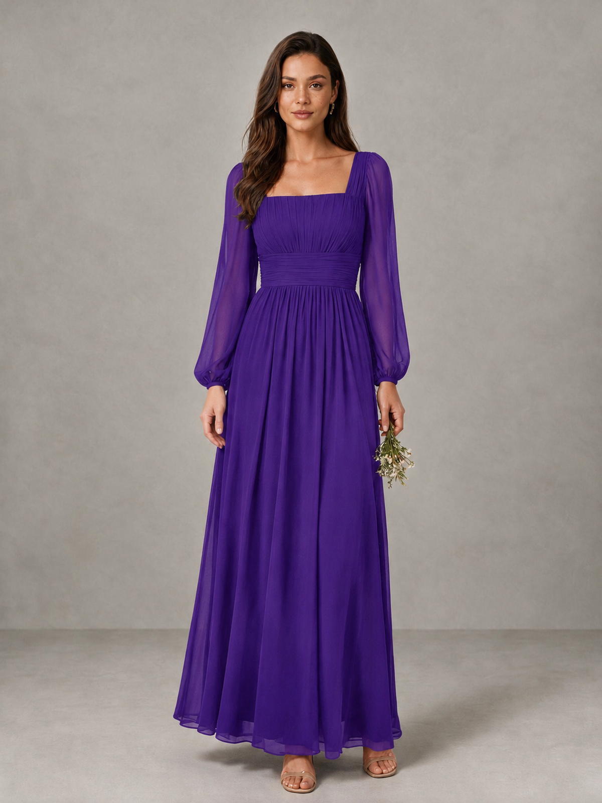 BOLODOO Purple Square Neck Long Sleeve Chiffon Bridesmaid Dress - Purple - Purple_1