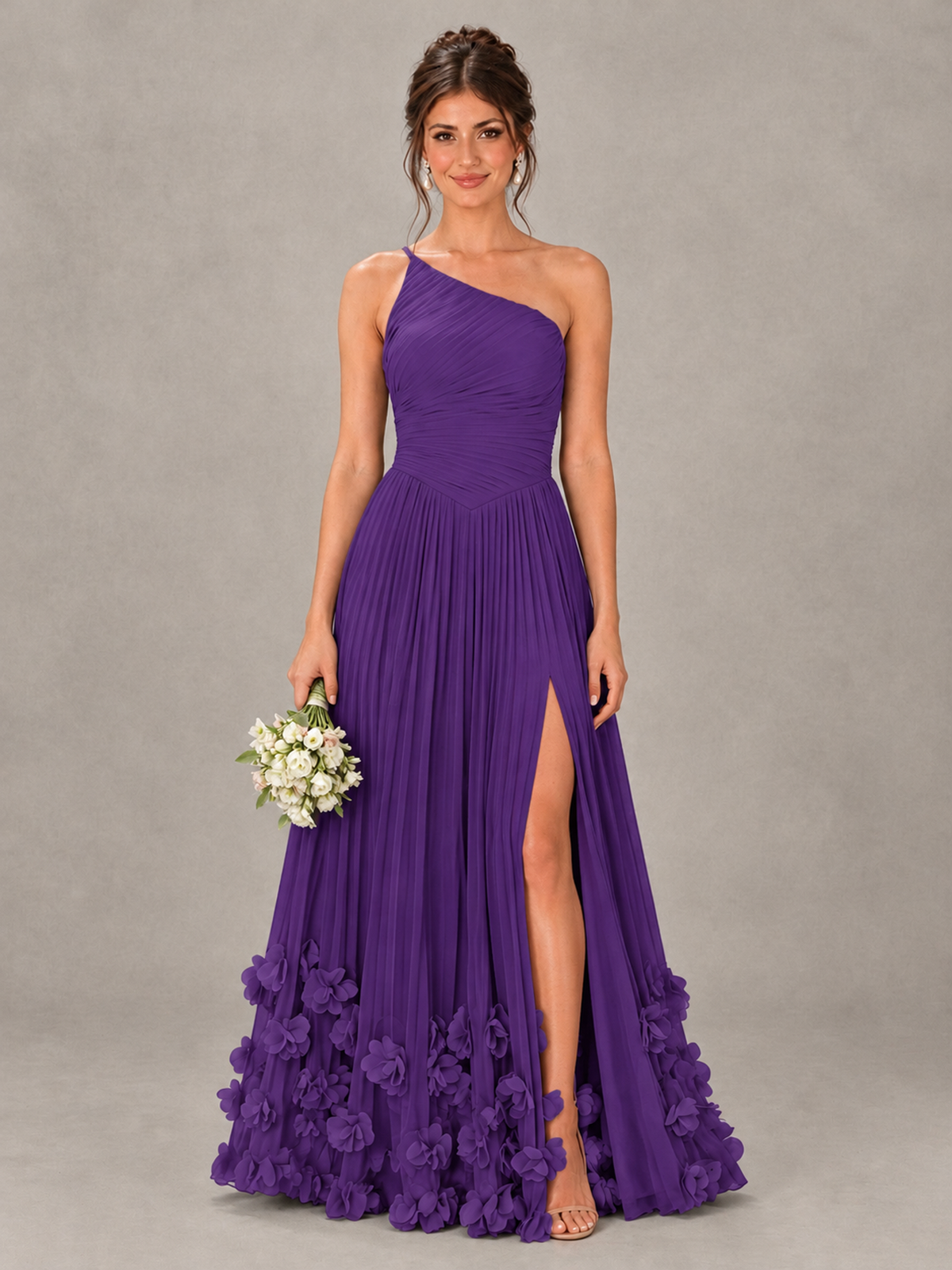 BOLODOO Purple One-Shoulder Pleated Bridesmaid Dress with 3D Floral Hem - Purple - Purple_1
