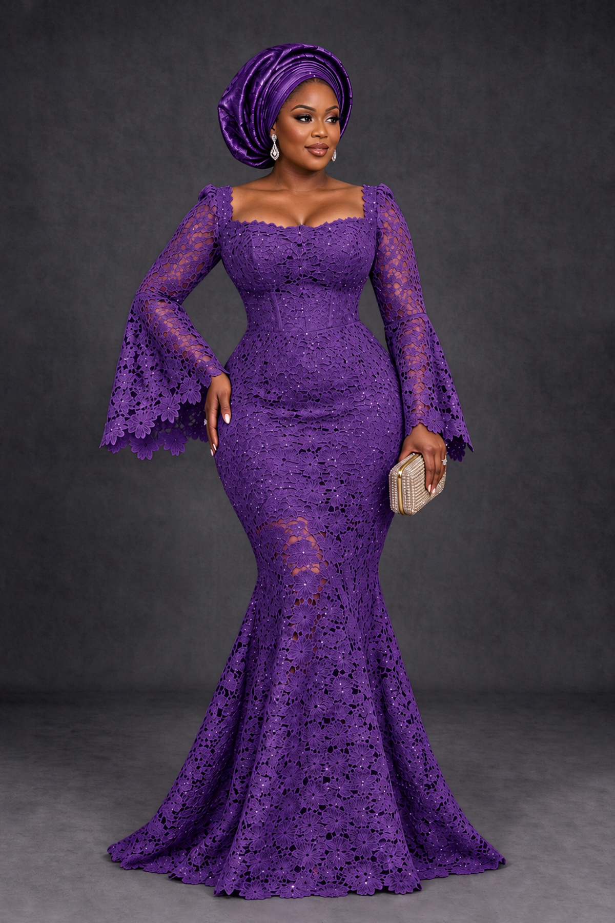 BOLODOO Purple African Lace Mermaid Dress, Plus Size Nigerian Wedding Guest Gown with Bell Sleeves - Purple - Purple_1