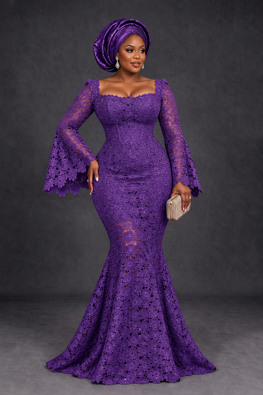 Purple Lace Mermaid Dress with Bell Sleeves | BOLODOO