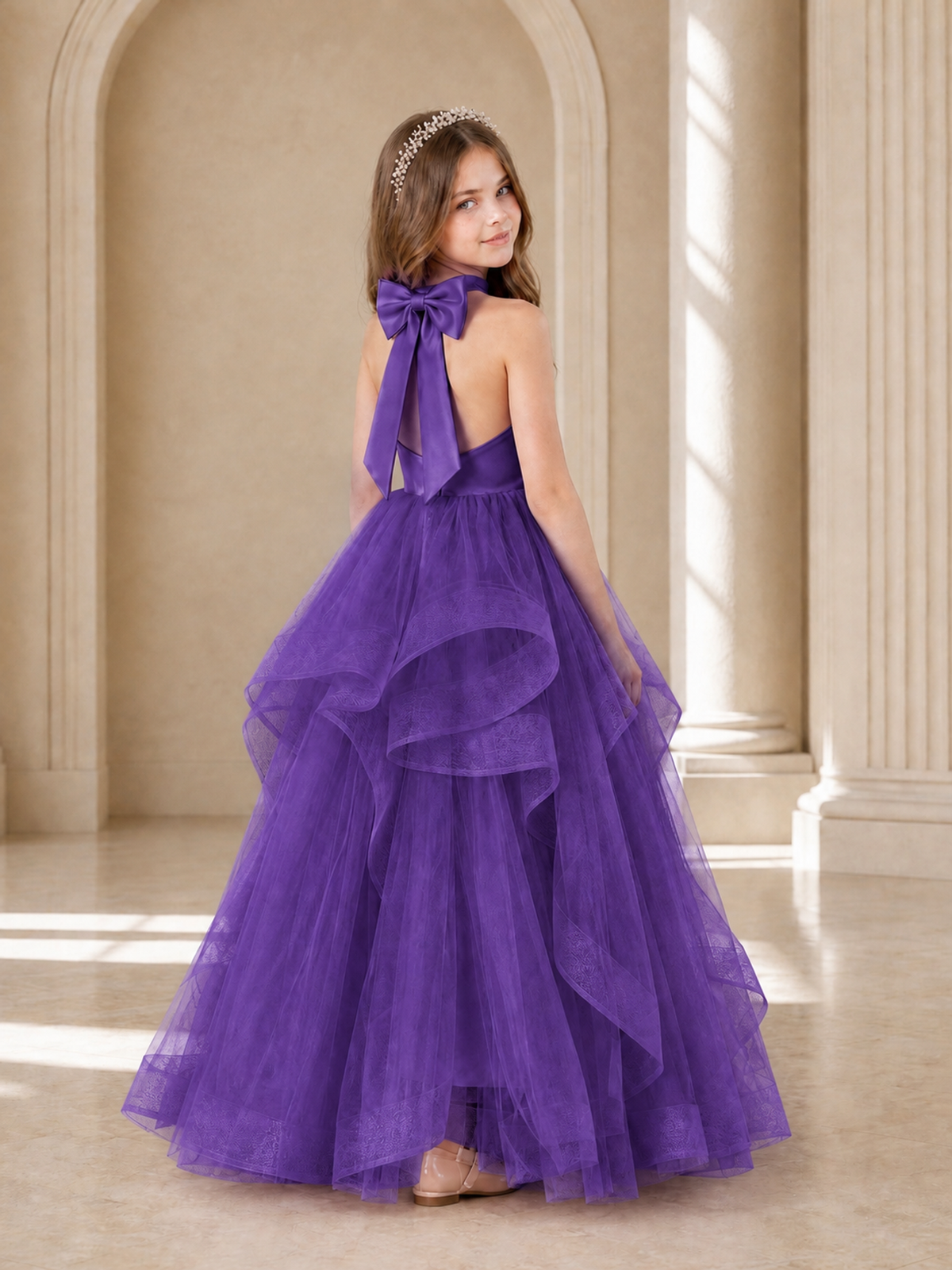 BOLODOO Purple Halter Tiered Tulle Flower Girl Dress with Bow Back - Purple - Purple_1