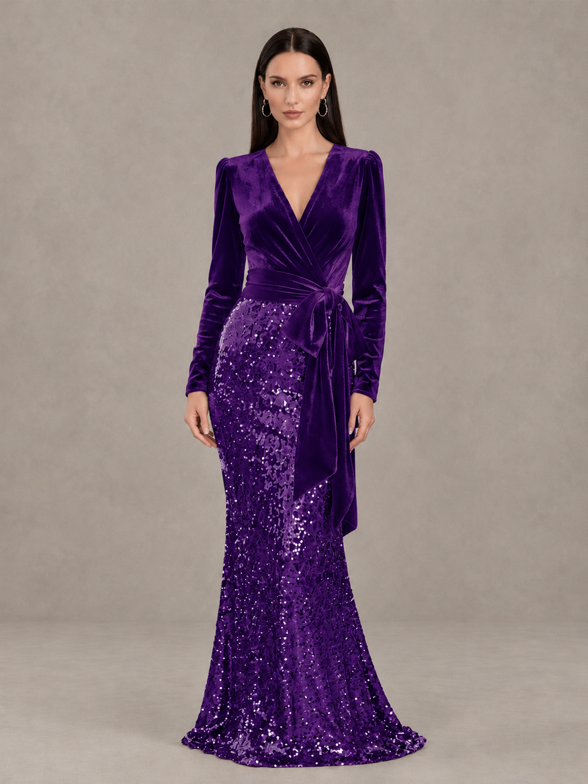 BOLODOO Purple Velvet & Sequin Long Sleeve V-Neck Mermaid Evening Gown - Purple - Purple_1
