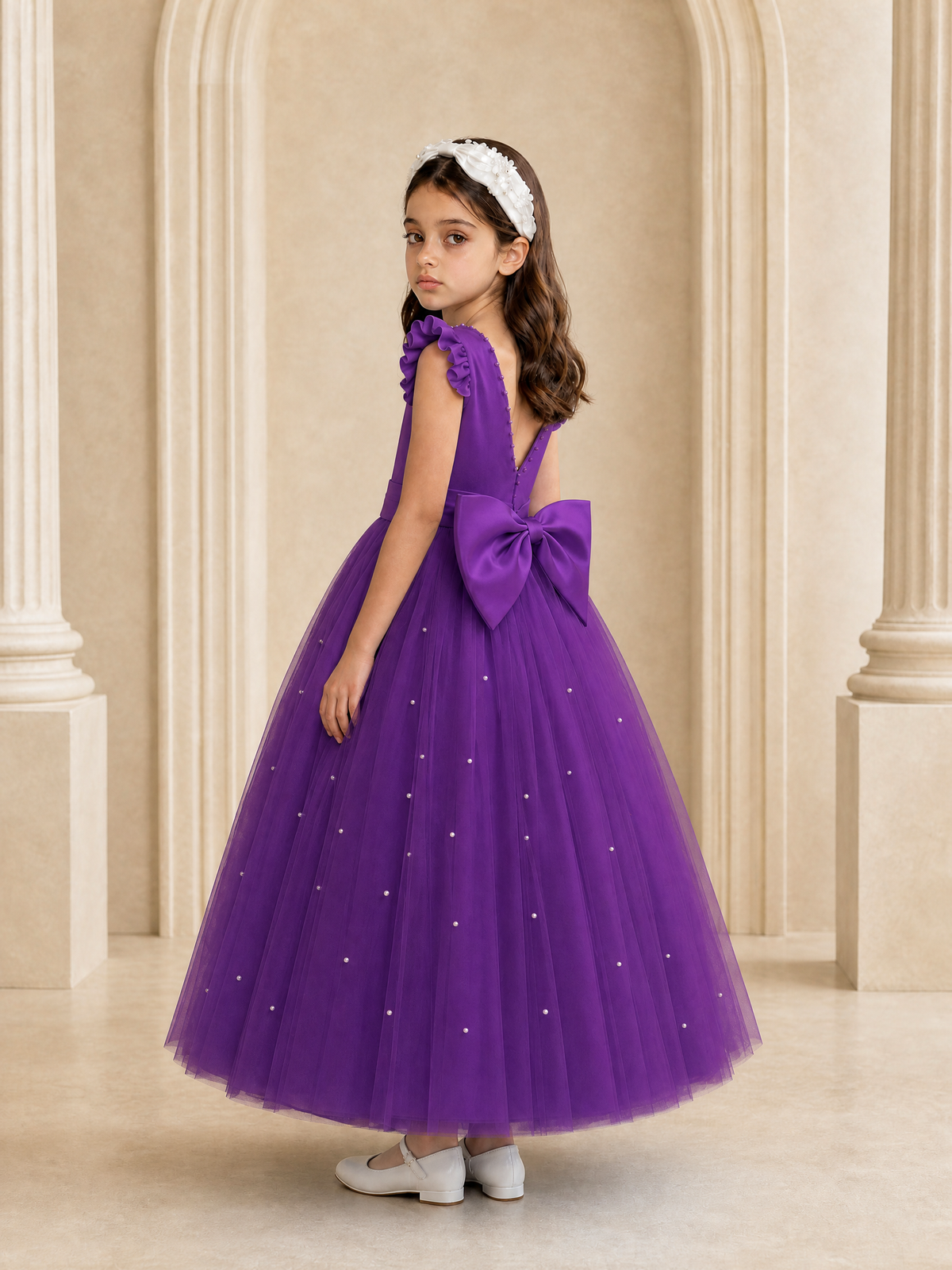 BOLODOO Purple Tulle Flower Girl Dress with Ruffle Sleeves & Bow Back - Purple - Purple_1