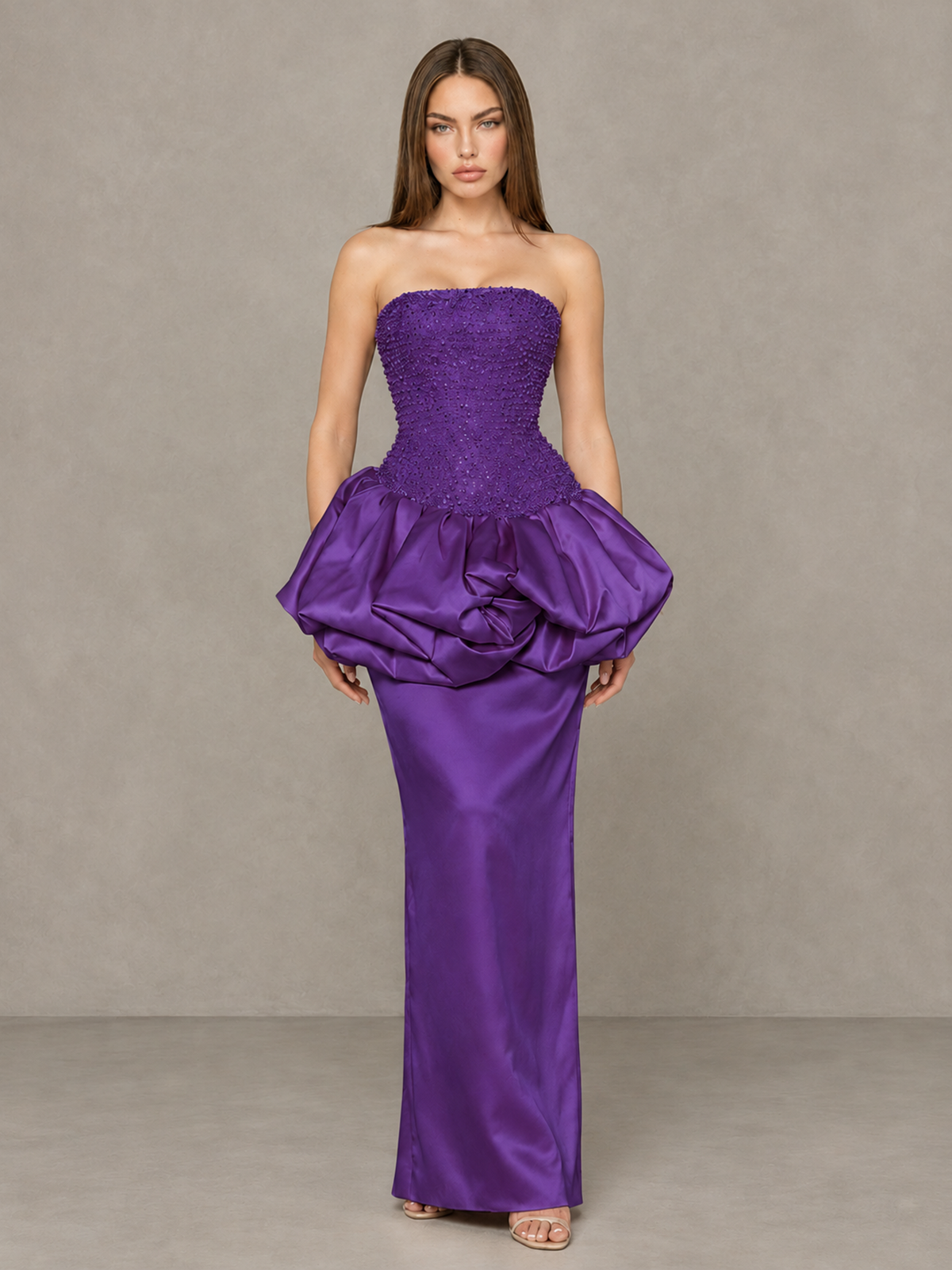 BOLODOO Purple Strapless Embellished Bubble Peplum Evening Dress - Purple - Purple_1