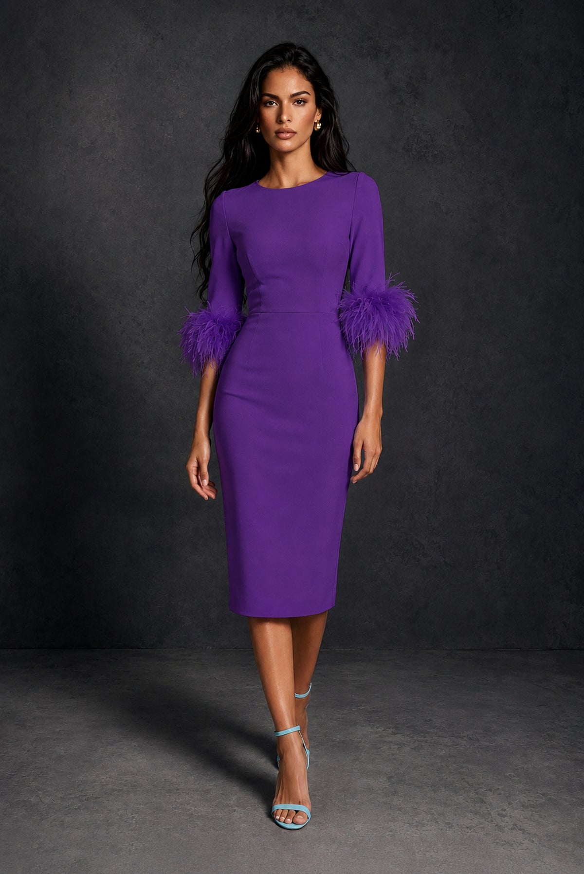 BOLODOO Purple Ostrich Feather Cuff 3/4 Sleeve Round Neck Bodycon Midi Dress with Back Slit - Purple