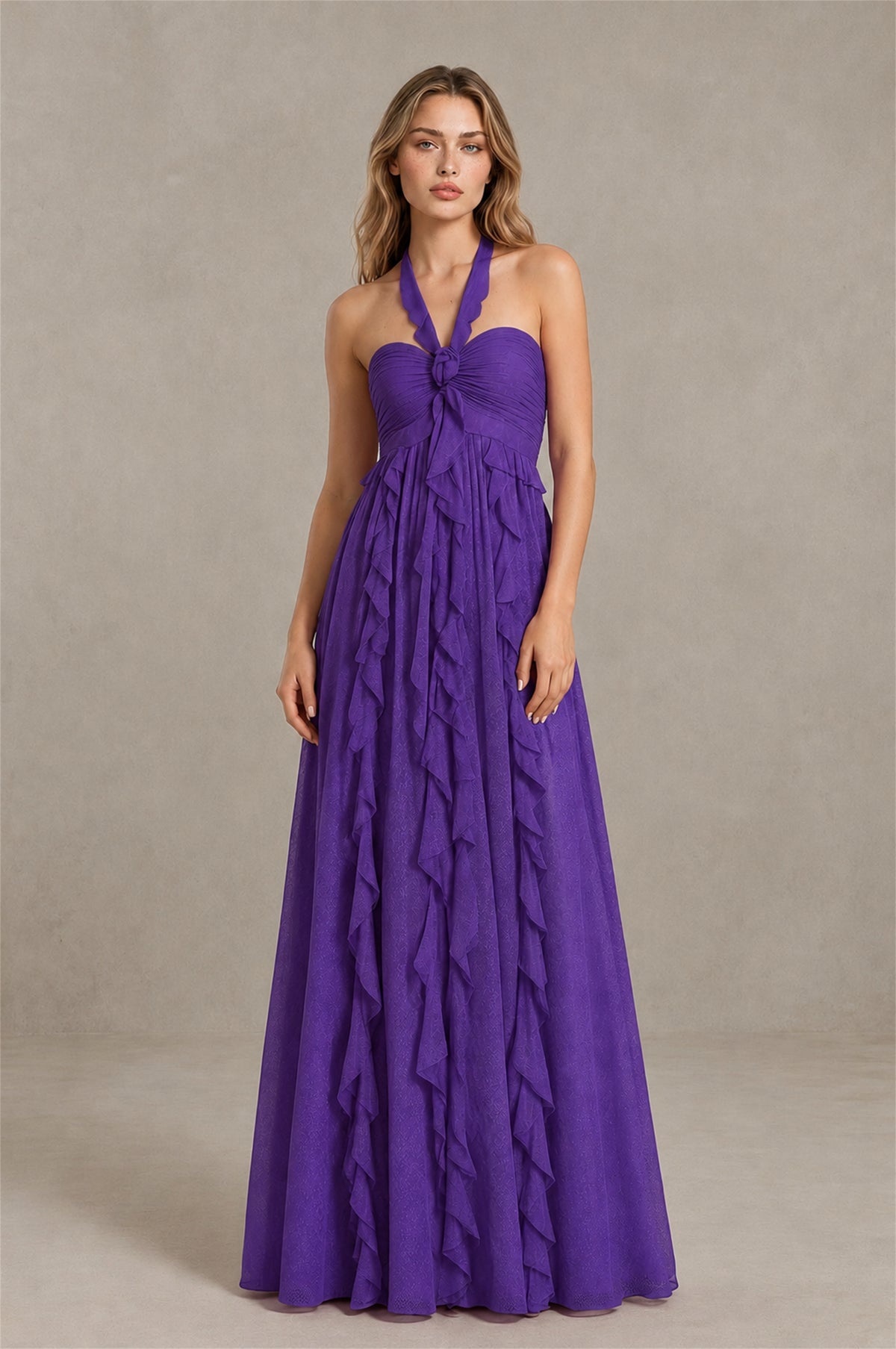 BOLODOO Purple Halter Ruffle A-Line Floor-Length Evening Dress - Purple - Purple_1