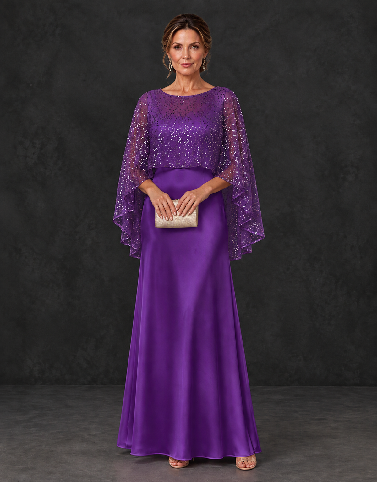BOLODOO Purple Sparkle Cape Sleeve Mother of the Bride Dress - Purple - Purple_1