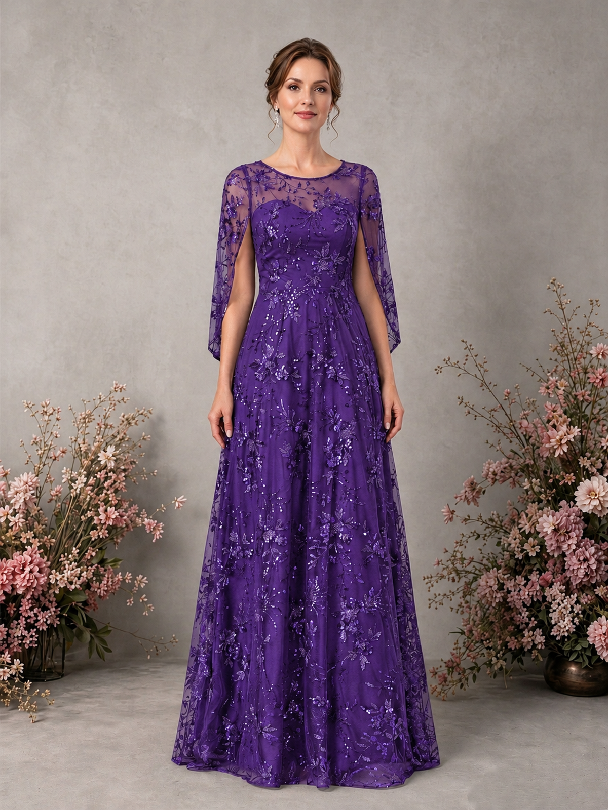 BOLODOO Purple Sequin Lace Cape Sleeve Formal Evening Gown - Purple - Purple_1