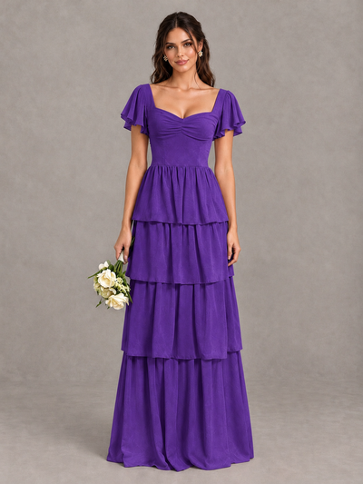 BOLODOO Purple Flutter Sleeve Tiered Maxi Bridesmaid Dress - Purple - Purple_1