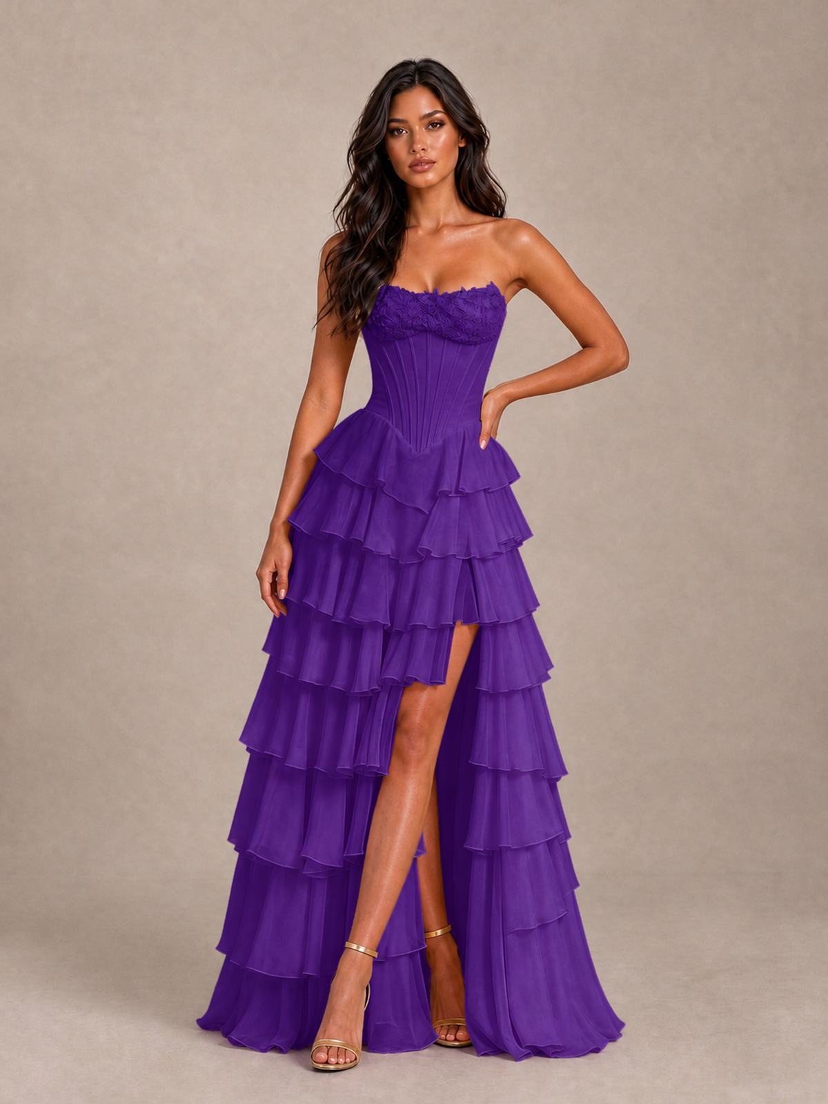 BOLODOO Purple Strapless Corset Tiered Ruffle Prom Dress with High Slit - Purple - Purple_1