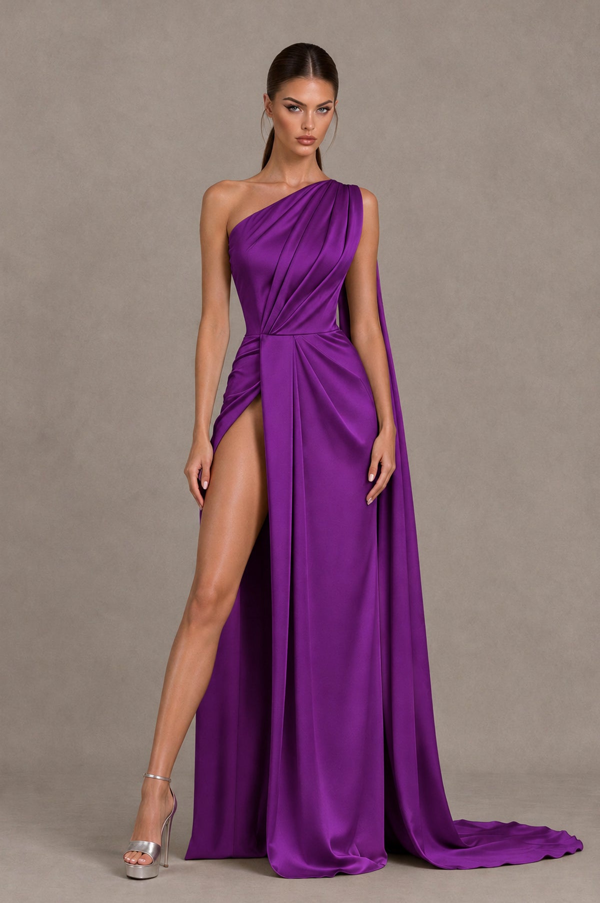 BOLODOO Purple One Shoulder Satin Evening Dress with High Slit and Draped Cape Train - Purple - Purple_1