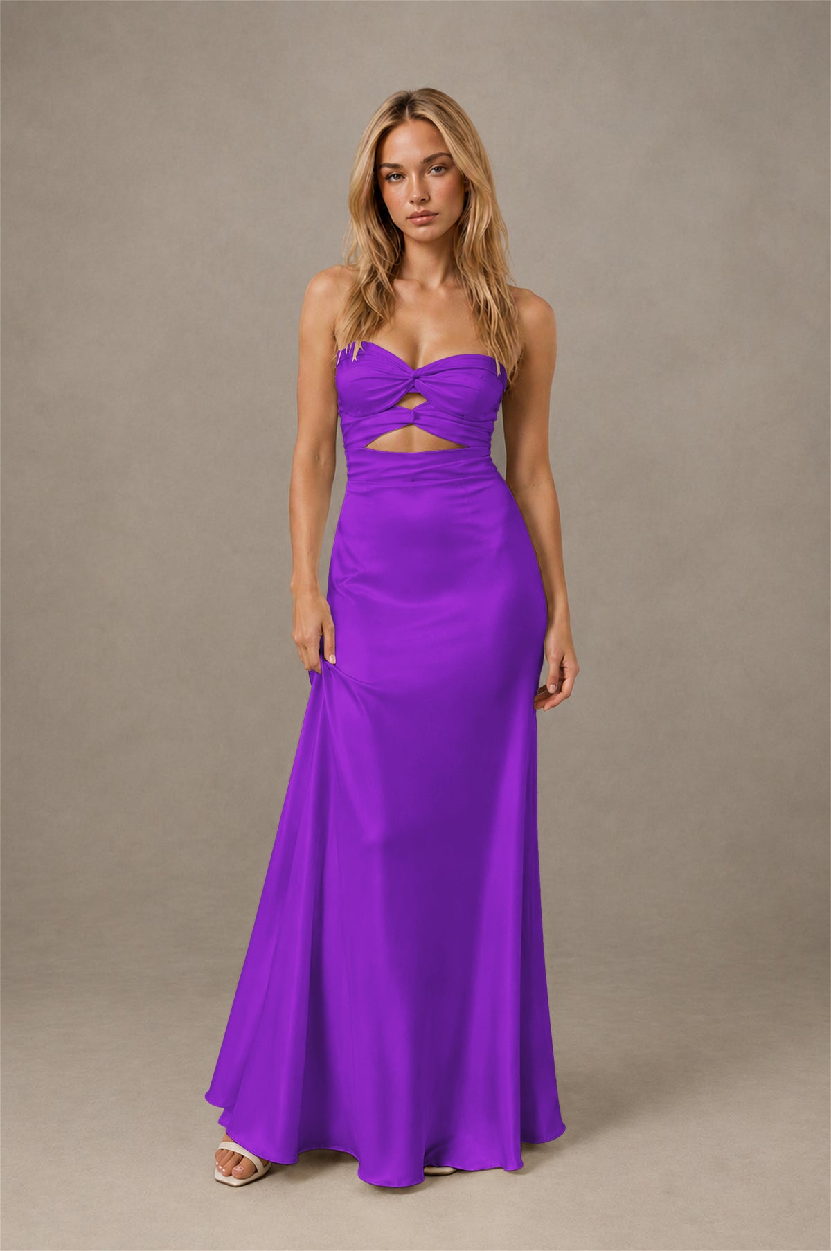 BOLODOO Purple Sweetheart Strapless Twist Knot Cutout Lace-Up Back Satin Mermaid Maxi Dress - Purple - Purple(1)