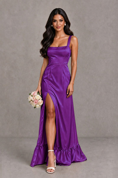 BOLODOO Purple Square Neck Satin Evening Dress with Lace-Up Back and High Slit - Purple - Purple_1
