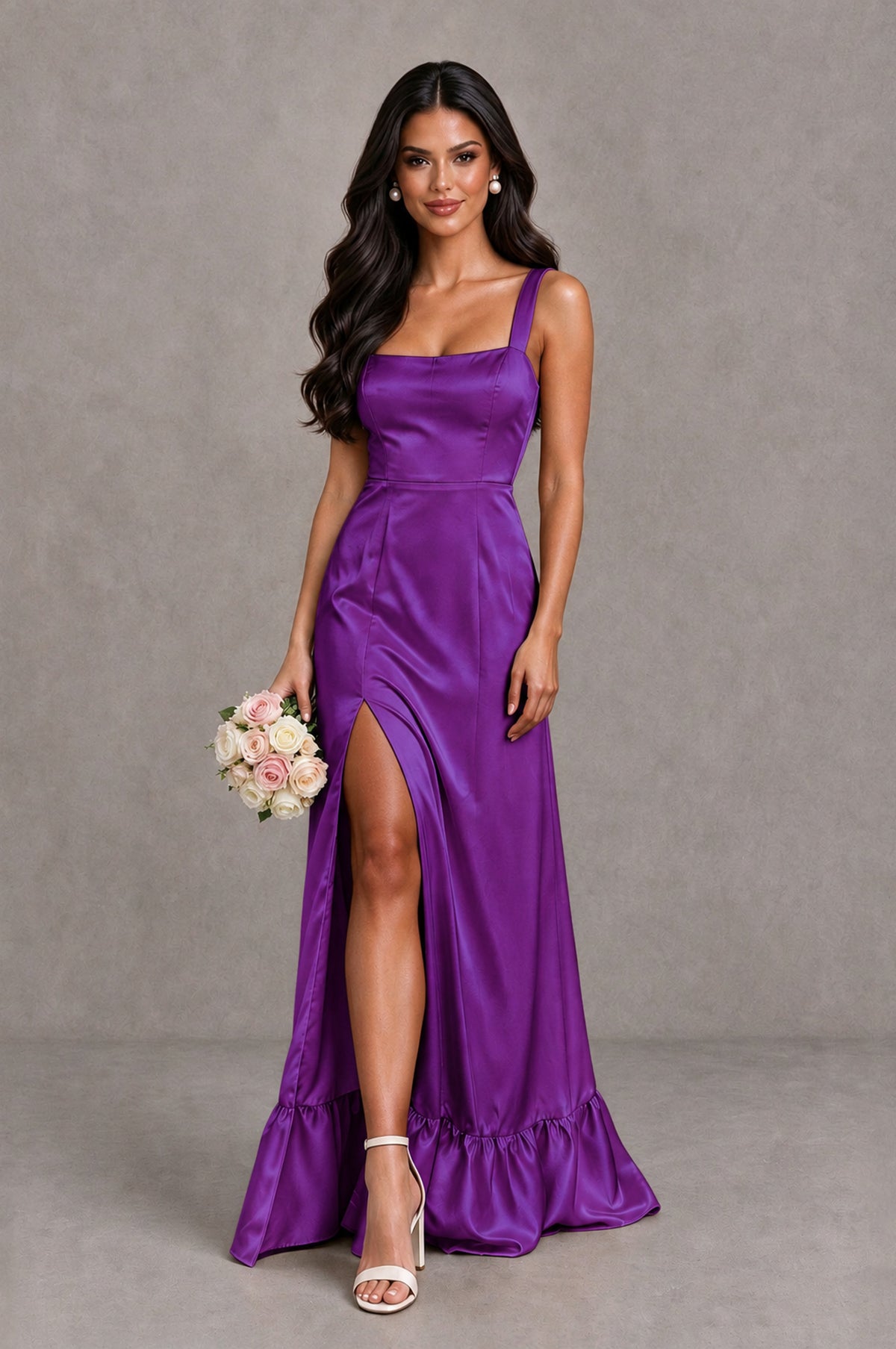BOLODOO Purple Square Neck Satin Evening Dress with Lace-Up Back and High Slit - Purple - Purple_1