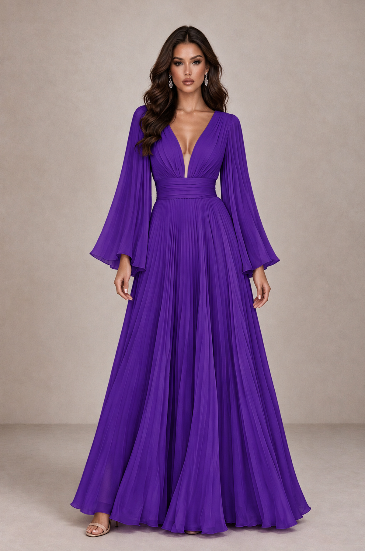 BOLODOO Purple Pleated Deep V-Neck Long Bell Sleeve Evening Dress - Purple - Purple_1