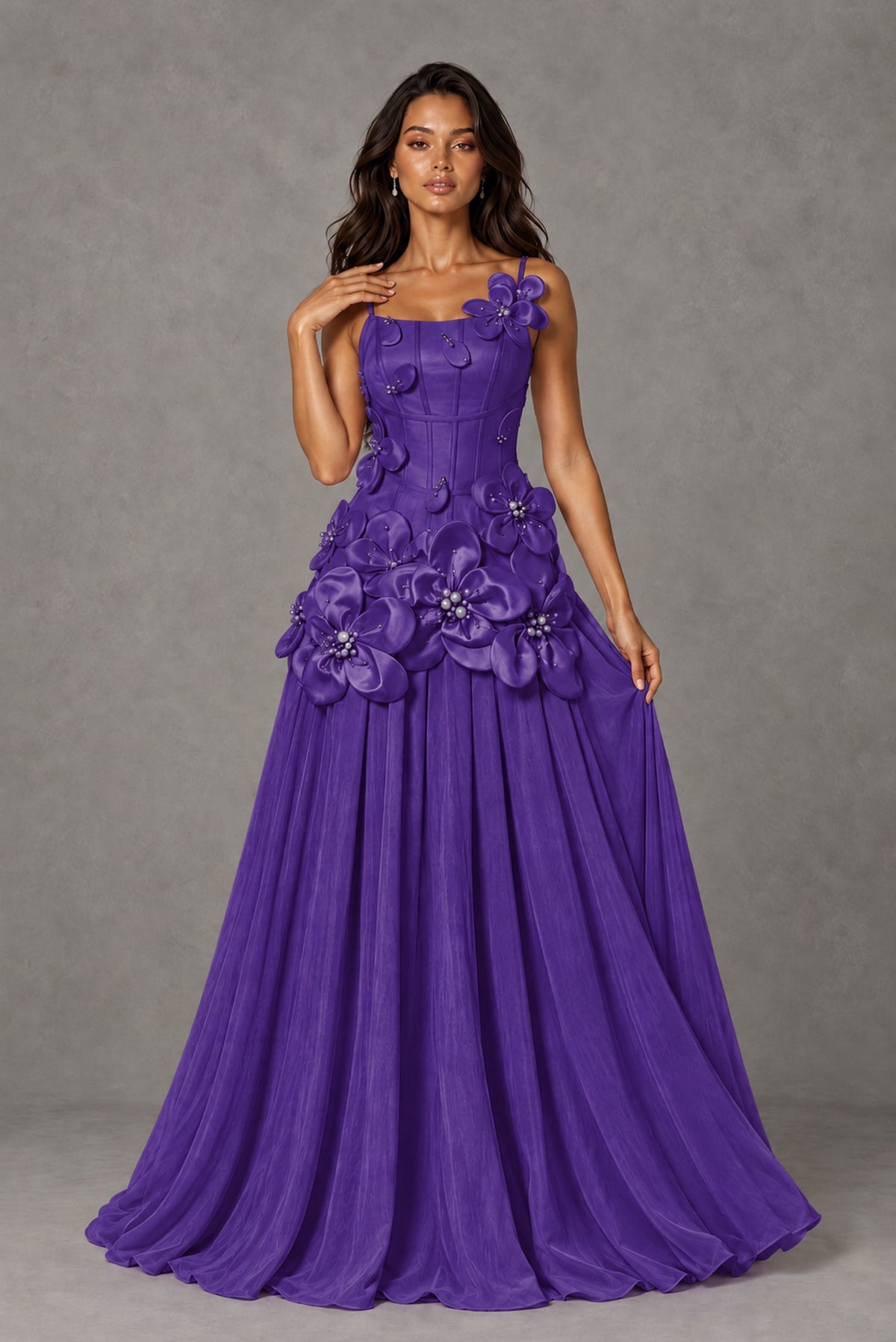 BOLODOO Purple 3D Floral Appliqué Floor-Length A-Line Evening Gown - Purple