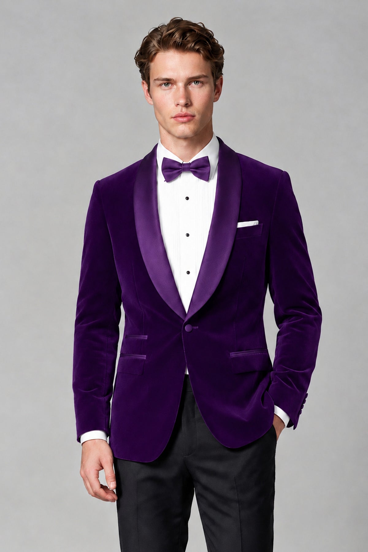 BOLODOO Men's Purple Velvet Blazer | Shawl Lapel Tuxedo Jacket - Purple - Purple_1