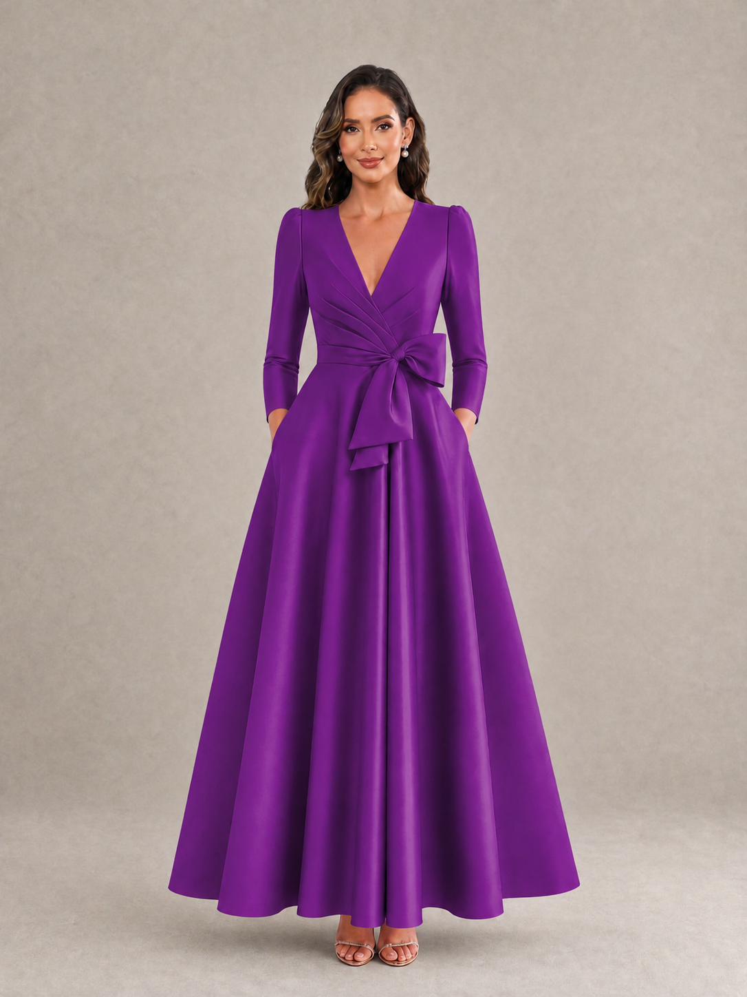 BOLODOO Purple Satin Deep V-Neck Wrap 3/4 Puff Sleeve A-Line Ball Gown Maxi Dress with Oversized Bow Belt - Purple
