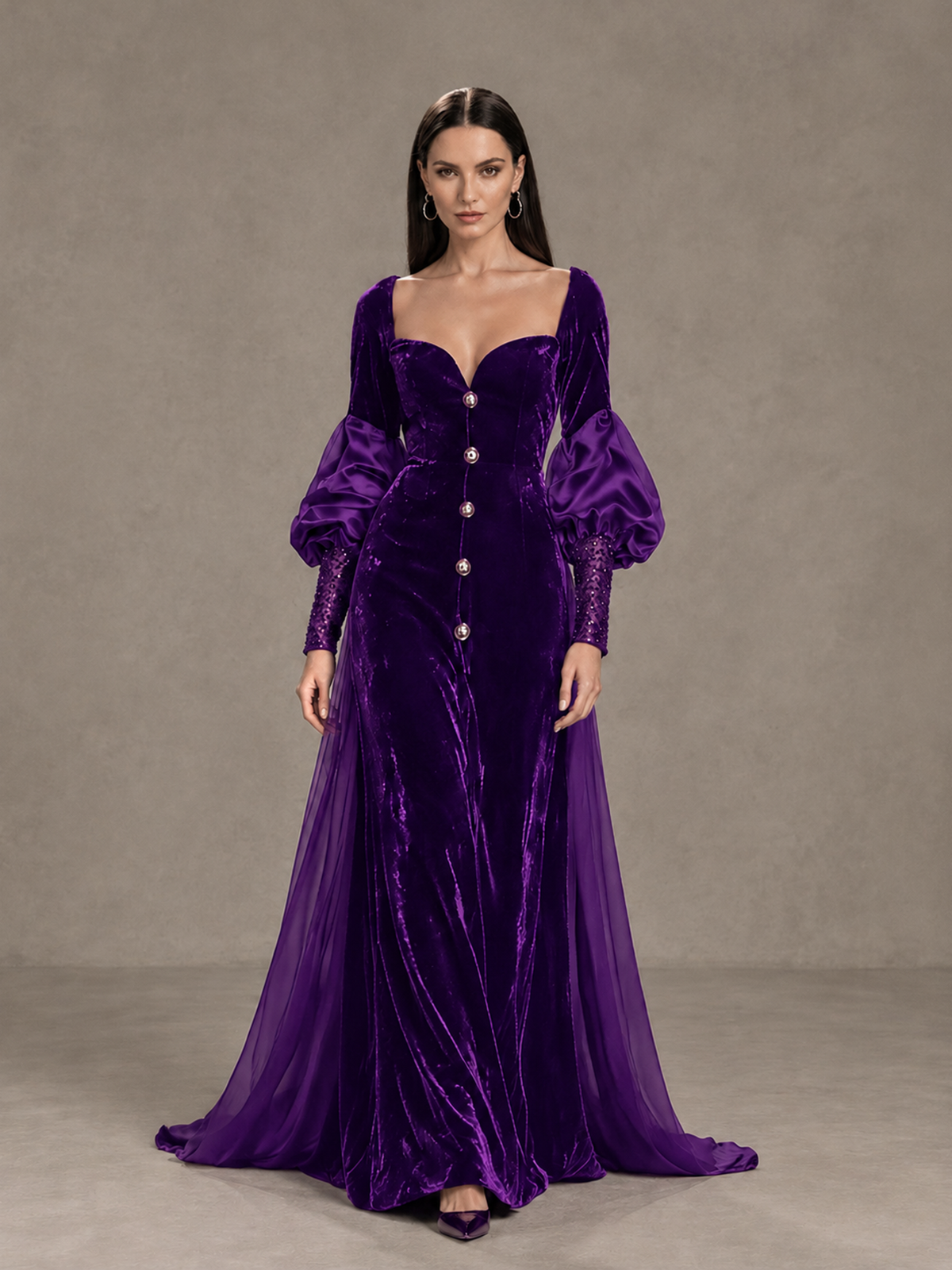 BOLODOO Purple Velvet Long Sleeve Open-Back Evening Gown - Purple - Purple_1