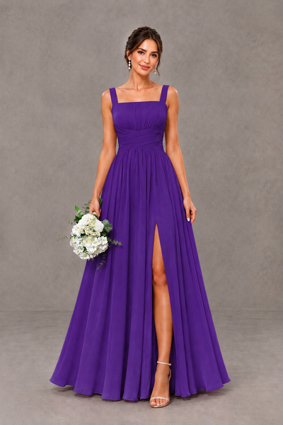 BOLODOO Purple Square Neck A-Line Bridesmaid Dress with Slit - Purple - Purple_1