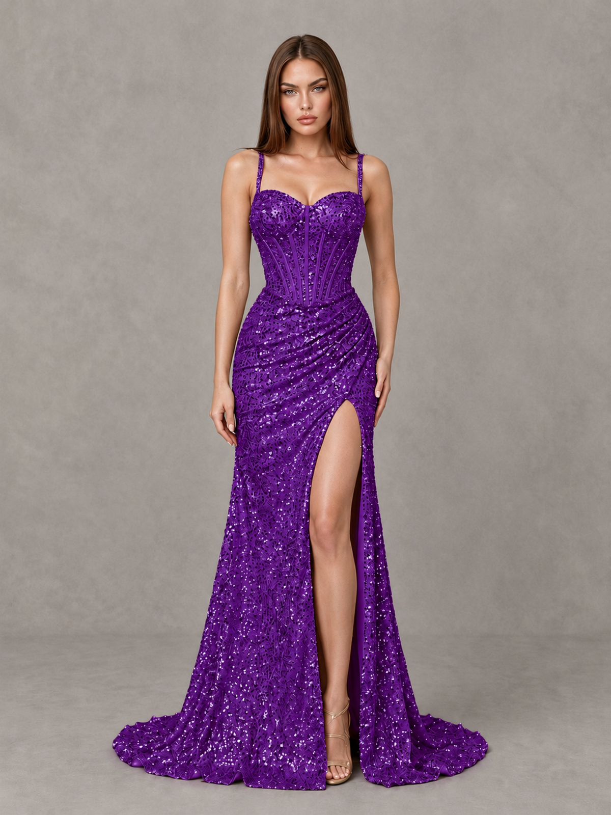 BOLODOO Purple Sequin Corset Evening Gown with High Slit - Purple - Purple_1