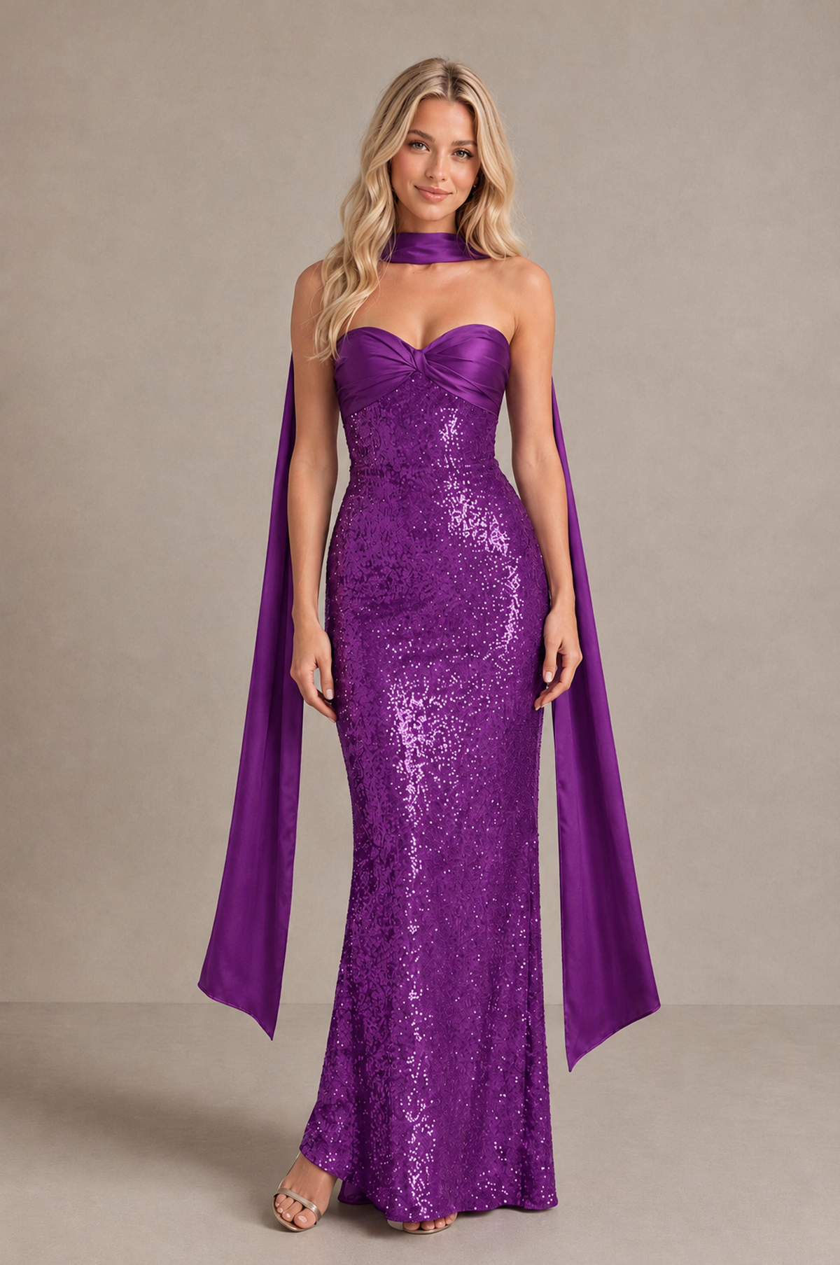 BOLODOO Purple Strapless Sweetheart Evening Dress with Scarf - Purple - Purple_1