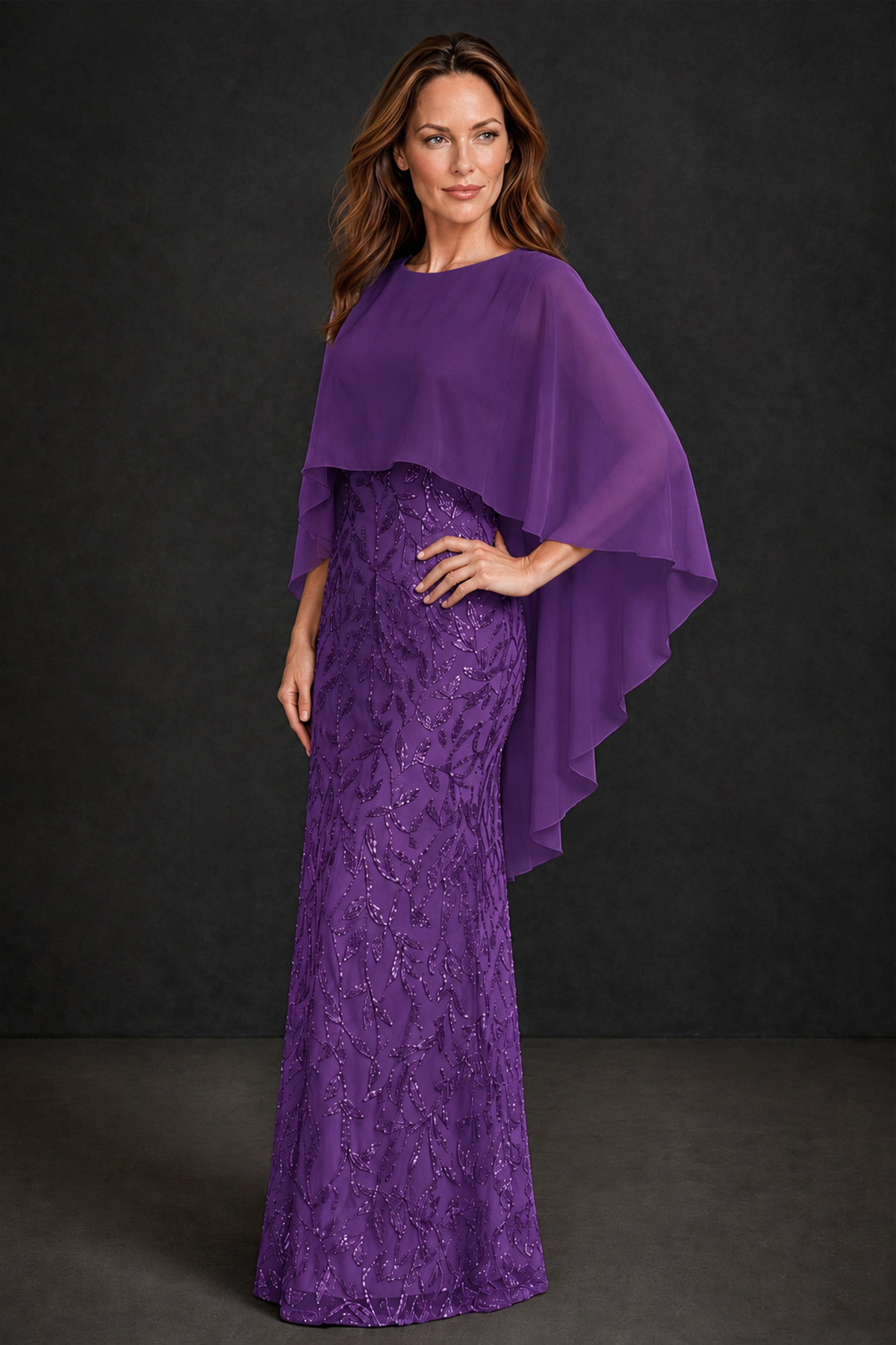 BOLODOO Purple Round Neck Chiffon Cape Overlay Sequin Lace Mermaid Maxi Dress - Purple - Purple_1