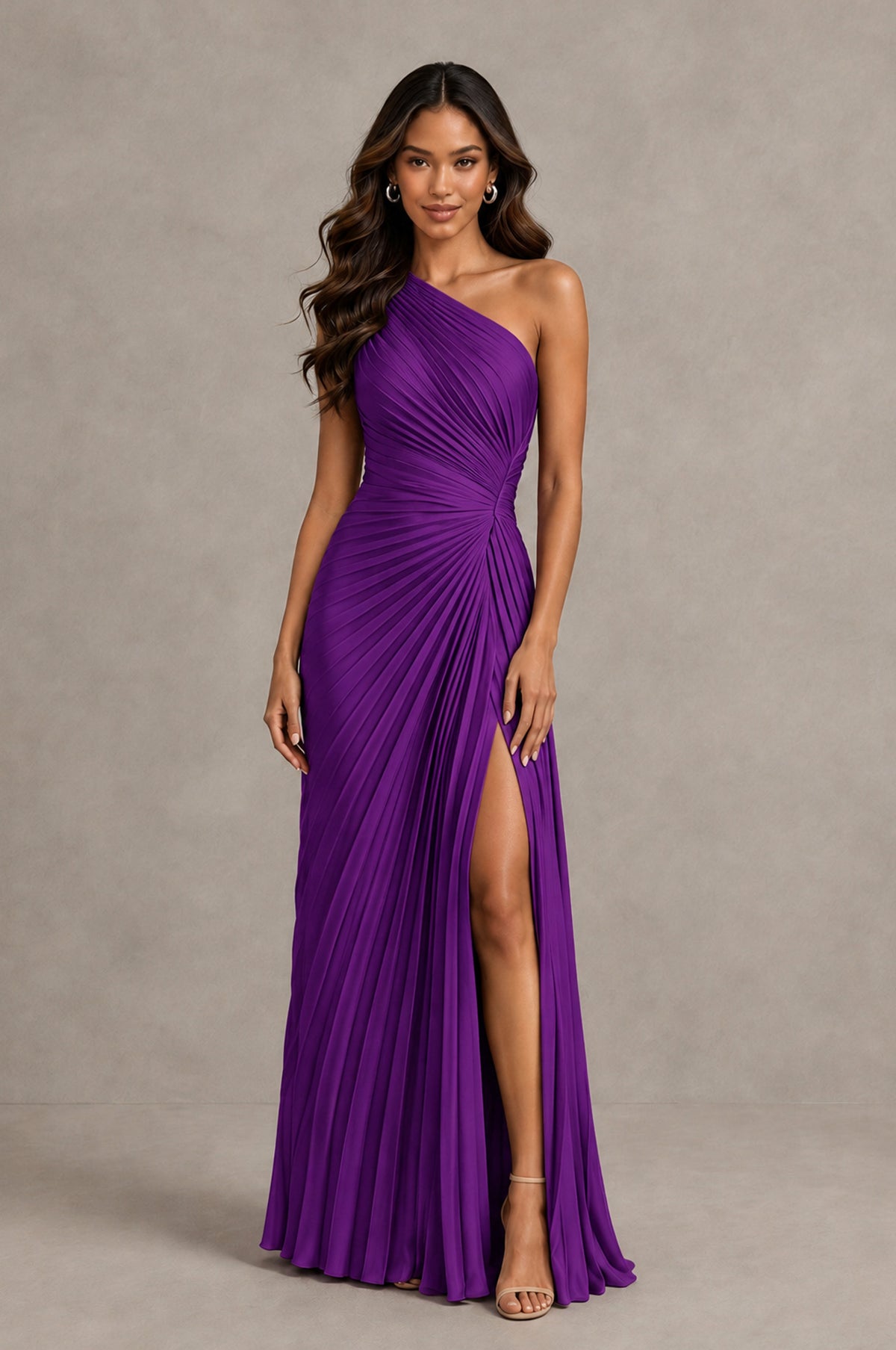 BOLODOO Purple One Shoulder Pleated Evening Dress with Ruched Waist and High Slit - Purple - Purple_1