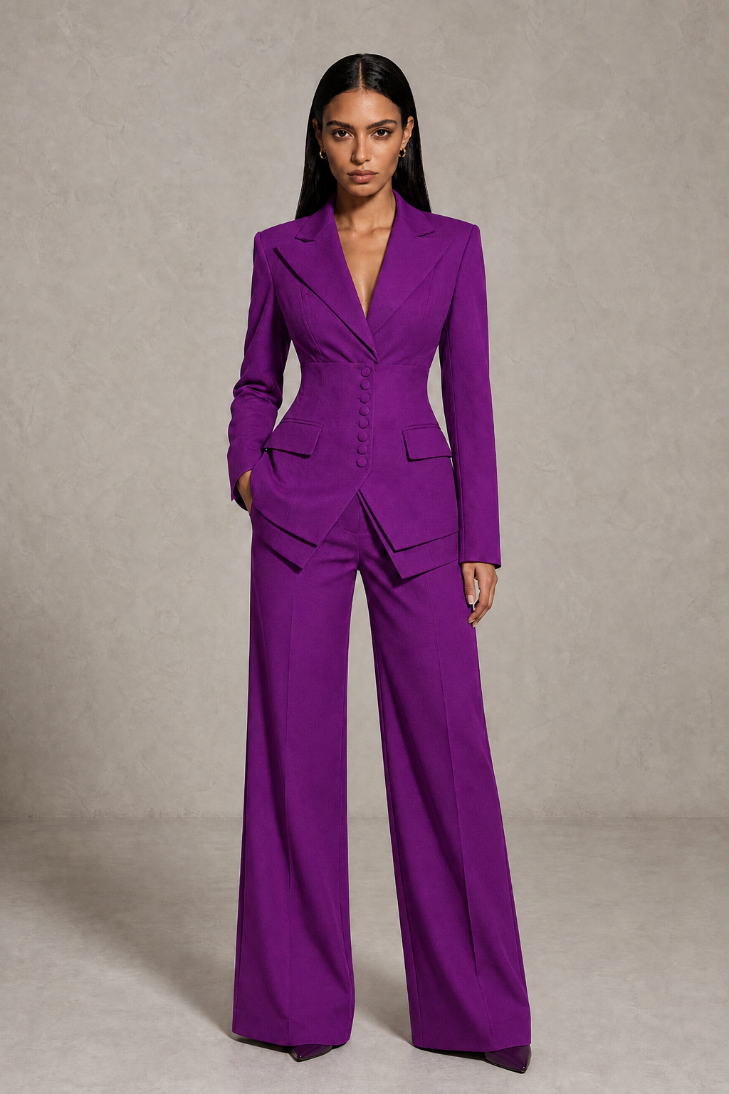 BOLODOO Purple Cinched Waist Blazer and Wide Leg Pants Two Piece Suit Set - Purple