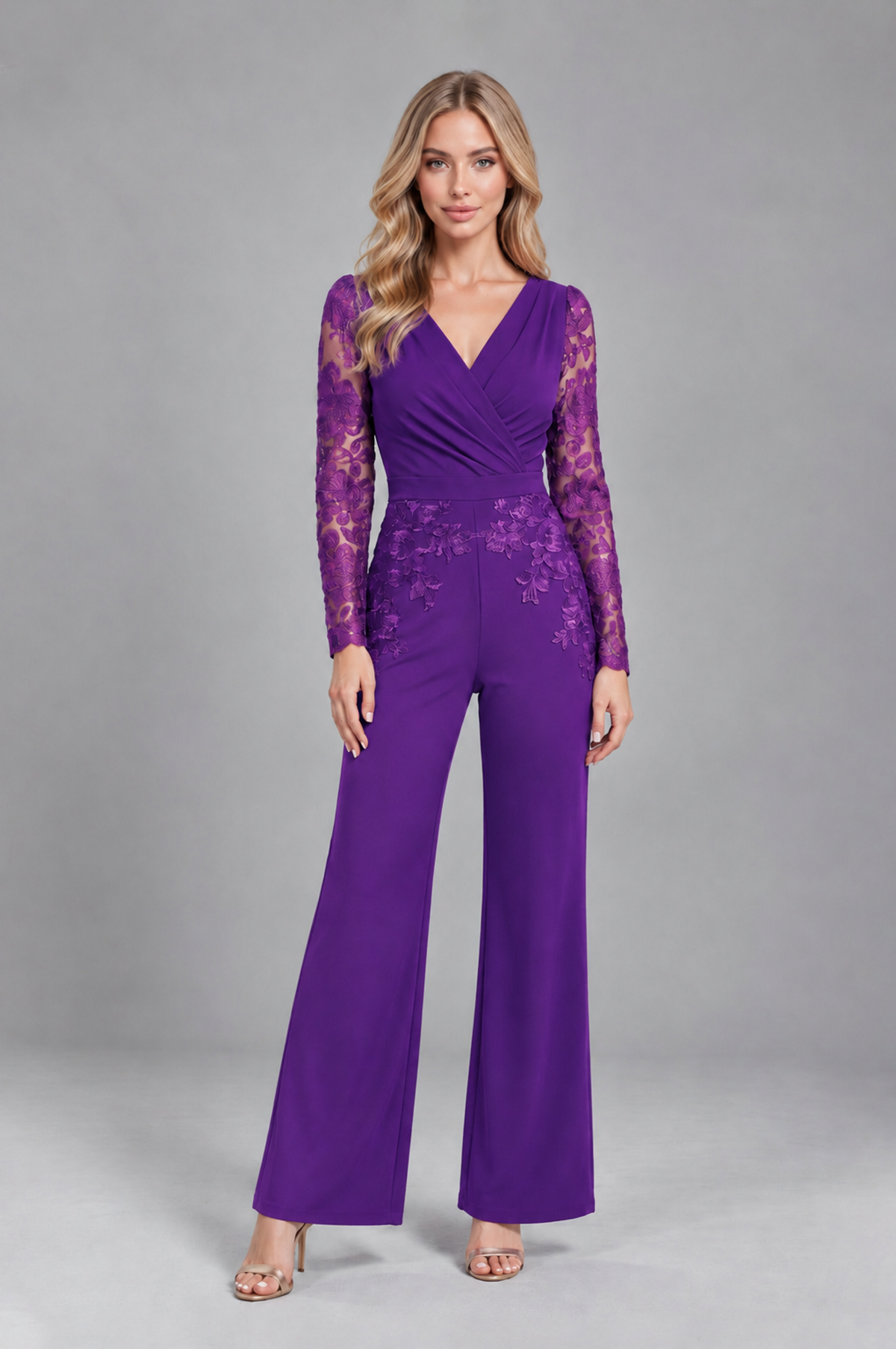 BOLODOO Purple Lace Long-Sleeve V-Neck Mother Pant Suit - Purple - Purple_1