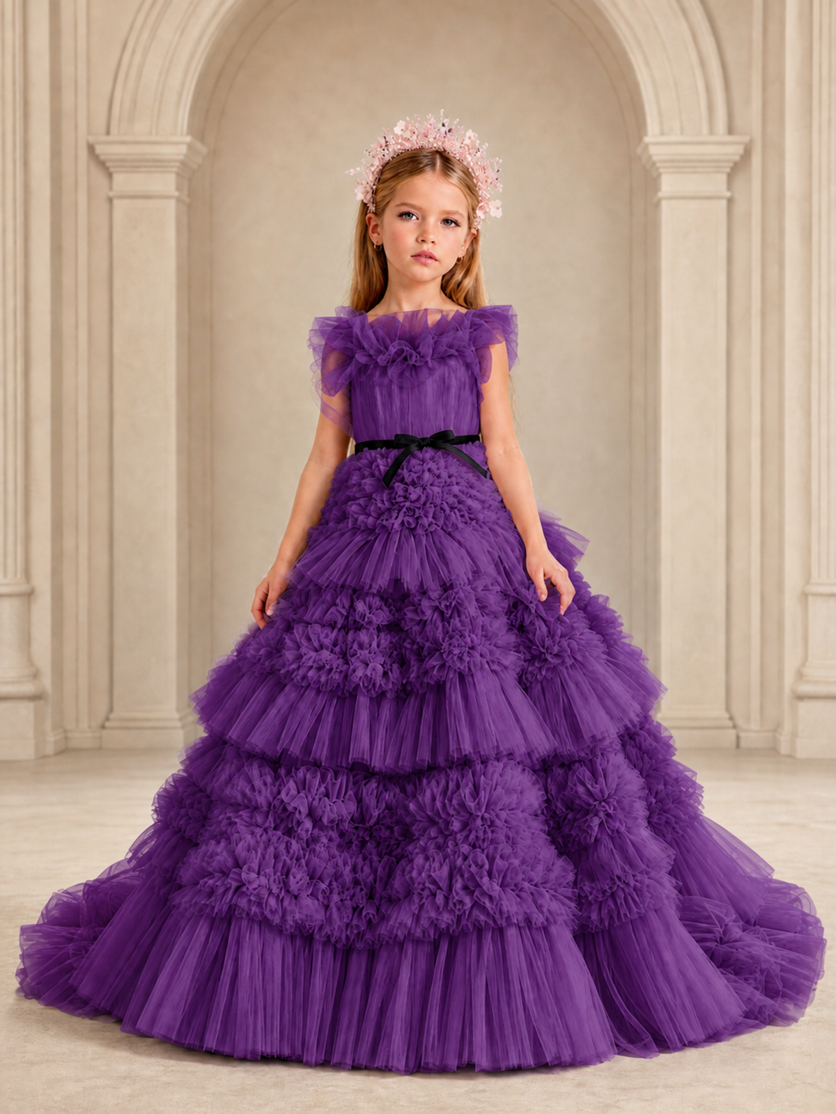 BOLODOO Purple Tiered Tulle Flower Girl Dress with Floral Appliques - Purple - Purple_1